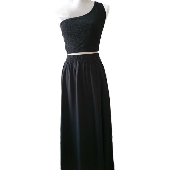 One Shoulder Smocked Crop Top & High Waist Long Skirt Set with Pockets Sz S - Picture 3 of 4